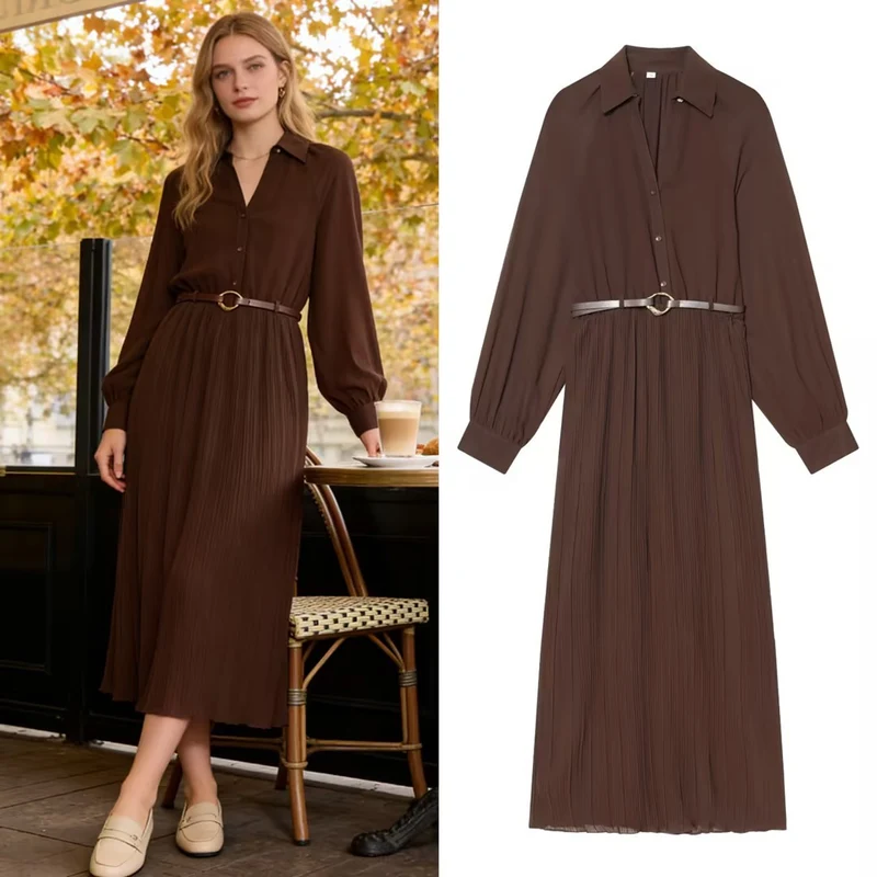 Damen Plissiertes Hemdkleid mit Ballonärmeln, verdeckter Knopfleiste und Taillengürtel Nord Taschen
