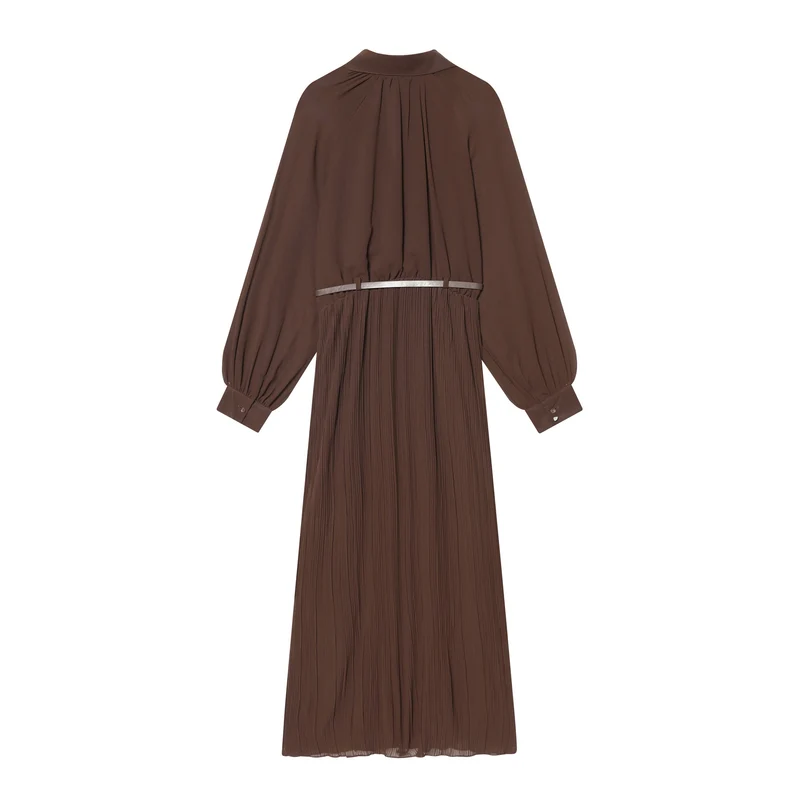 Damen Plissiertes Hemdkleid mit Ballonärmeln, verdeckter Knopfleiste und Taillengürtel Nord Taschen