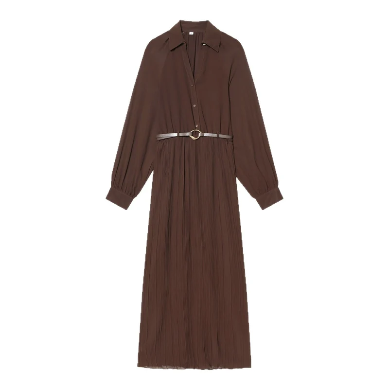 Damen Plissiertes Hemdkleid mit Ballonärmeln, verdeckter Knopfleiste und Taillengürtel Nord Taschen