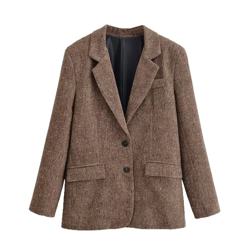 Damen Oversized Tweed-Blazer mit Fischgrätenstruktur, Pattentaschen und klassischem Revers Nord Taschen
