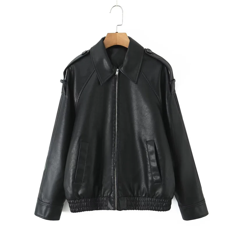 Damen Oversized Lederimitat-Flightjacke mit Bonded-Kragen, Schulterklappen und elastischem Saum Nord Taschen