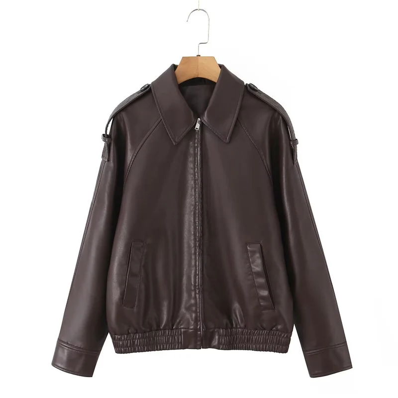 Damen Oversized Lederimitat-Flightjacke mit Bonded-Kragen, Schulterklappen und elastischem Saum Nord Taschen