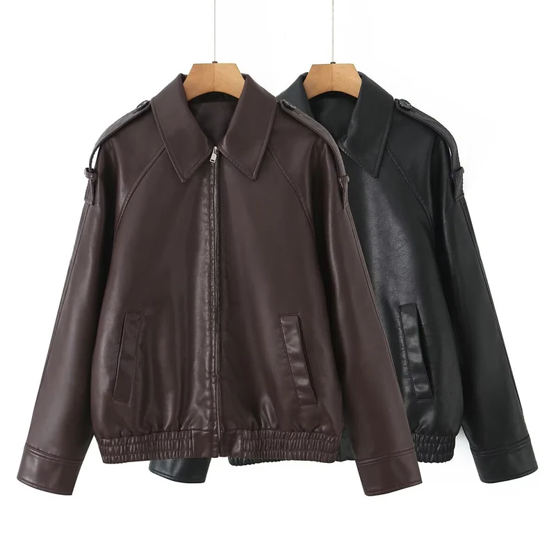 Damen Oversized Lederimitat-Flightjacke mit Bonded-Kragen, Schulterklappen und elastischem Saum Nord Taschen