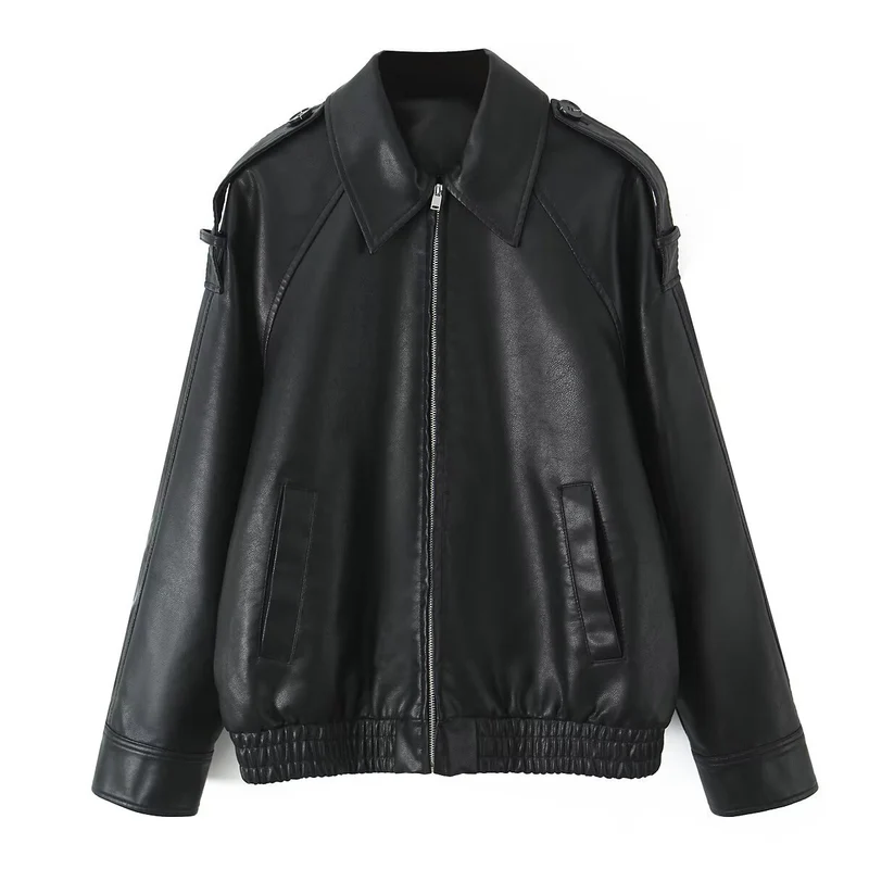 Damen Oversized Lederimitat-Flightjacke mit Bonded-Kragen, Schulterklappen und elastischem Saum Nord Taschen