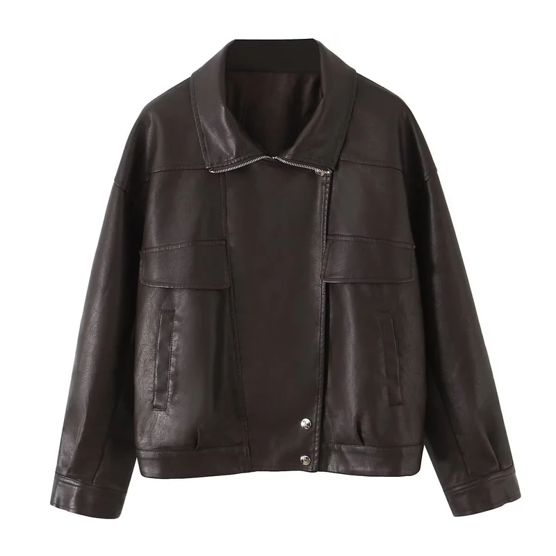 Damen Oversized Kunstlederjacke im Bomberstil mit Pattentaschen und asymmetrischem Reißverschluss Nord Taschen