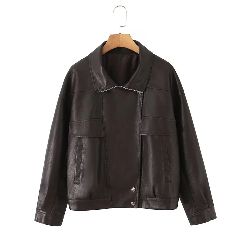 Damen Oversized Kunstlederjacke im Bomberstil mit Pattentaschen und asymmetrischem Reißverschluss Nord Taschen