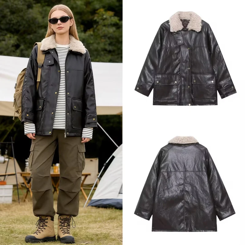 Damen Oversized Kunstleder-Fieldjacke mit abnehmbarem Teddykragen und aufgesetzten Pattentaschen Nord Taschen