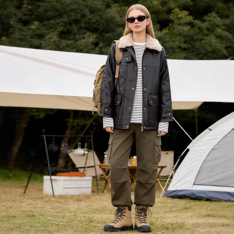 Damen Oversized Kunstleder-Fieldjacke mit abnehmbarem Teddykragen und aufgesetzten Pattentaschen Nord Taschen