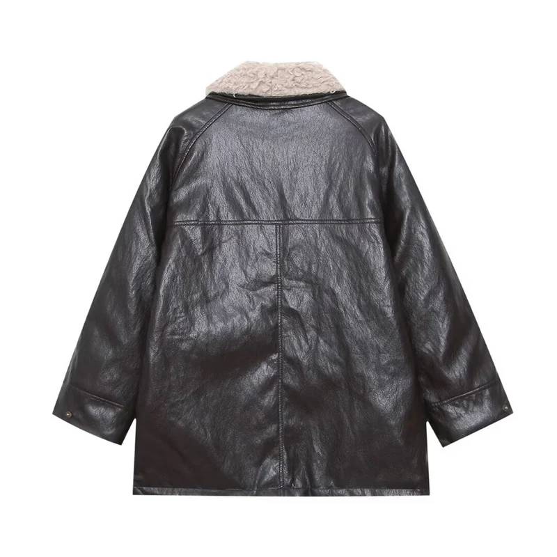 Damen Oversized Kunstleder-Fieldjacke mit abnehmbarem Teddykragen und aufgesetzten Pattentaschen Nord Taschen