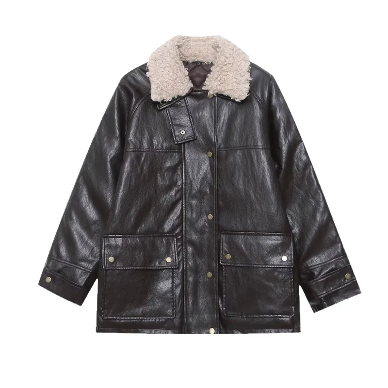 Damen Oversized Kunstleder-Fieldjacke mit abnehmbarem Teddykragen und aufgesetzten Pattentaschen Nord Taschen