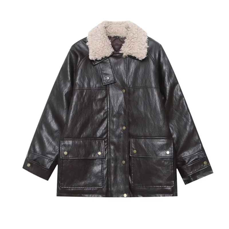 Damen Oversized Kunstleder-Fieldjacke mit abnehmbarem Teddykragen und aufgesetzten Pattentaschen Nord Taschen