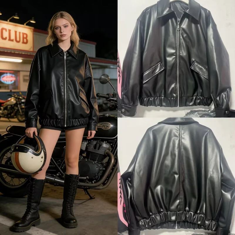 Damen Oversized Kunstleder-Bomberjacke mit Reißverschluss, Pattentaschen und elastischem Saum Nord Taschen