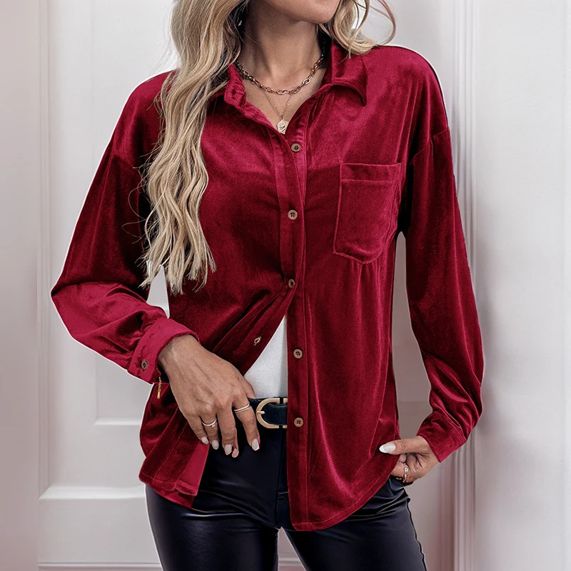 Damen Velours-Hemdbluse mit Brusttasche und klassischem Kragen Nord Taschen