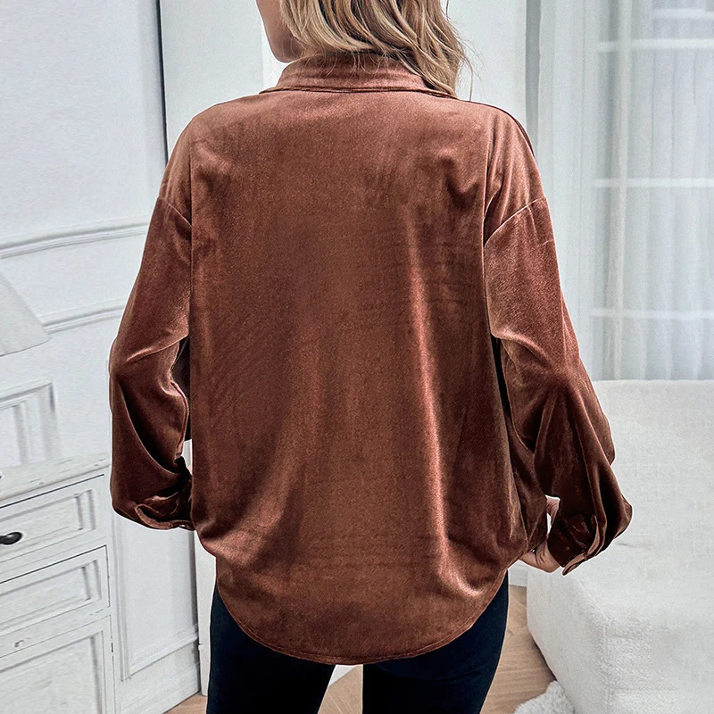 Damen Velours-Hemdbluse mit Brusttasche und klassischem Kragen Nord Taschen