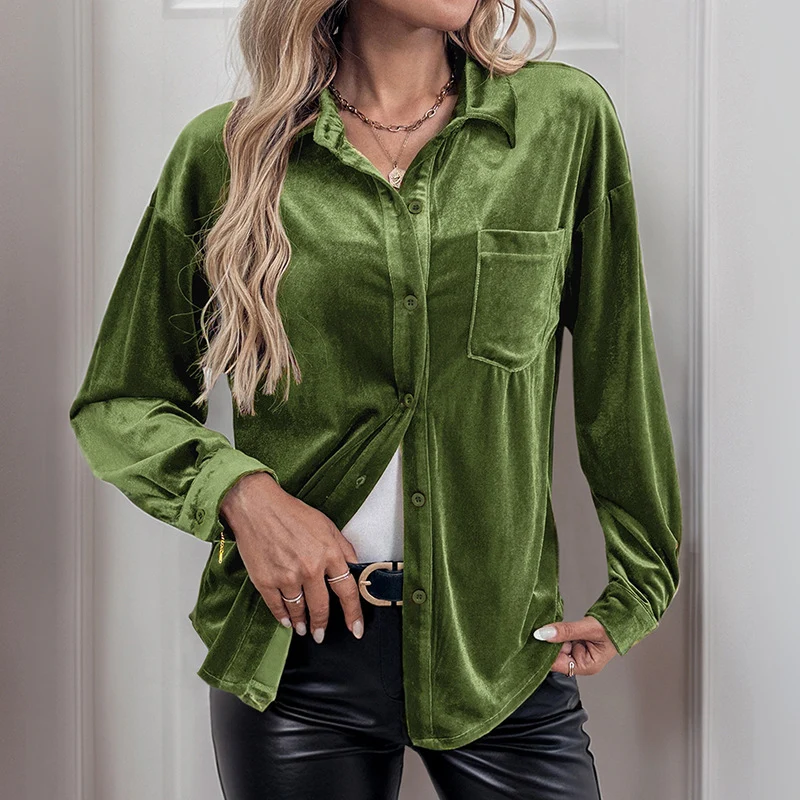 Damen Velours-Hemdbluse mit Brusttasche und klassischem Kragen Nord Taschen