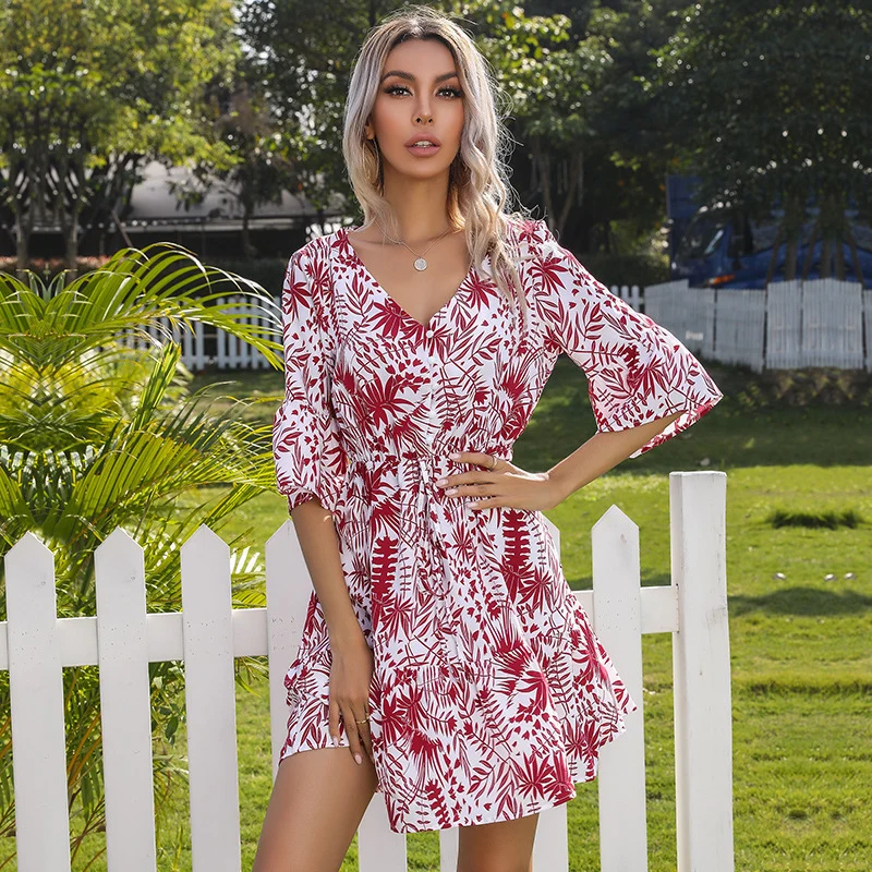 Damen V-Ausschnitt Tailliertes Sommerkleid mit Volantärmeln und tropischem Print Nord Taschen