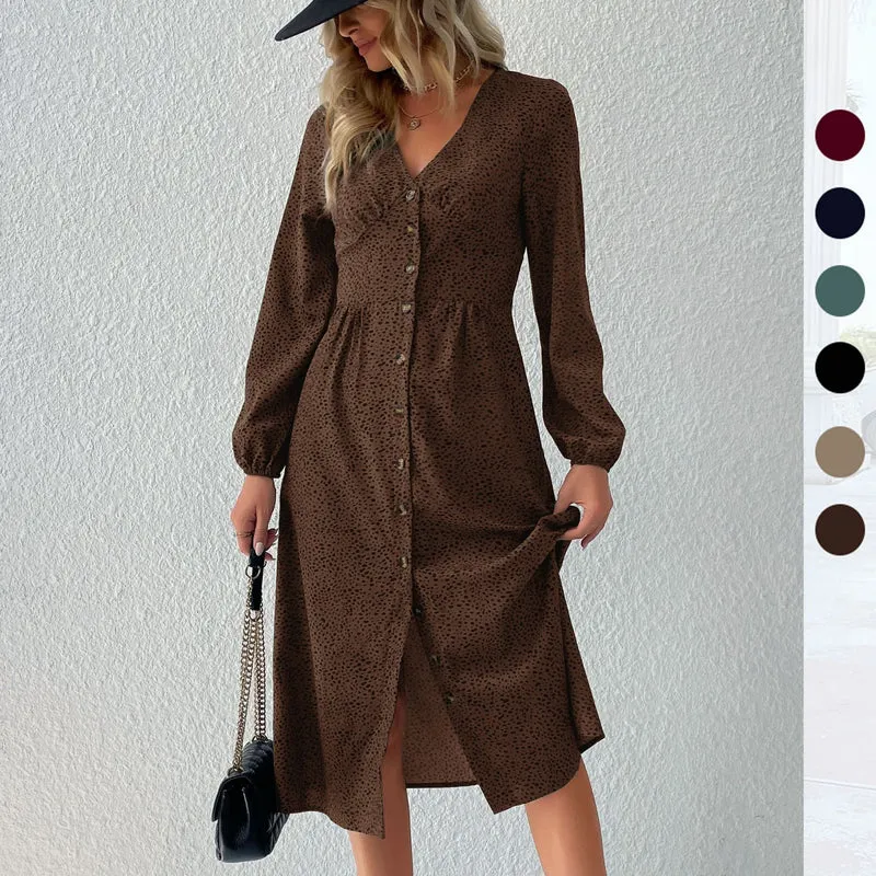 Damen V‑Ausschnitt Midikleid mit Knopfleiste, taillierter Schnitt und Ballonärmeln Nord Taschen