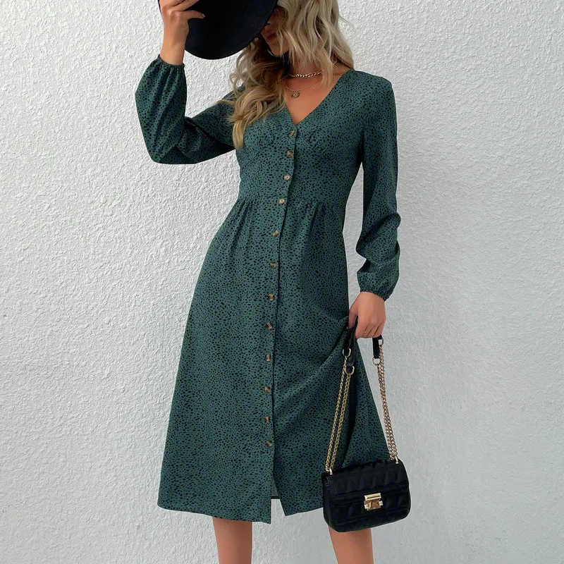 Damen V‑Ausschnitt Midikleid mit Knopfleiste, taillierter Schnitt und Ballonärmeln Nord Taschen
