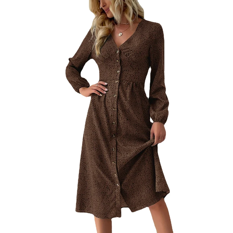 Damen V‑Ausschnitt Midikleid mit Knopfleiste, taillierter Schnitt und Ballonärmeln Nord Taschen