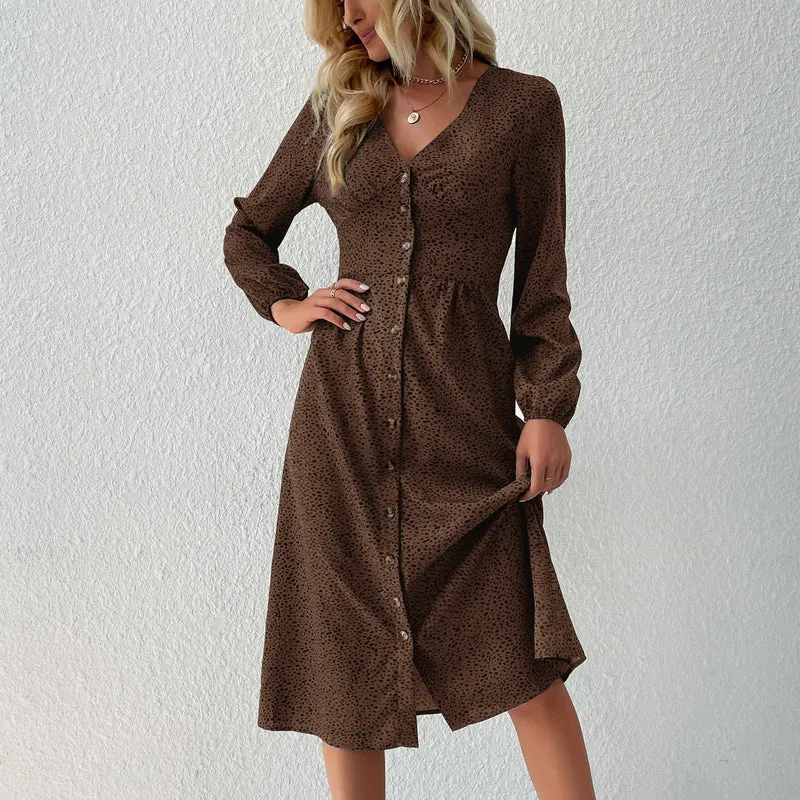 Damen V‑Ausschnitt Midikleid mit Knopfleiste, taillierter Schnitt und Ballonärmeln Nord Taschen