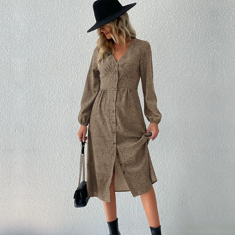 Damen V‑Ausschnitt Midikleid mit Knopfleiste, taillierter Schnitt und Ballonärmeln Nord Taschen