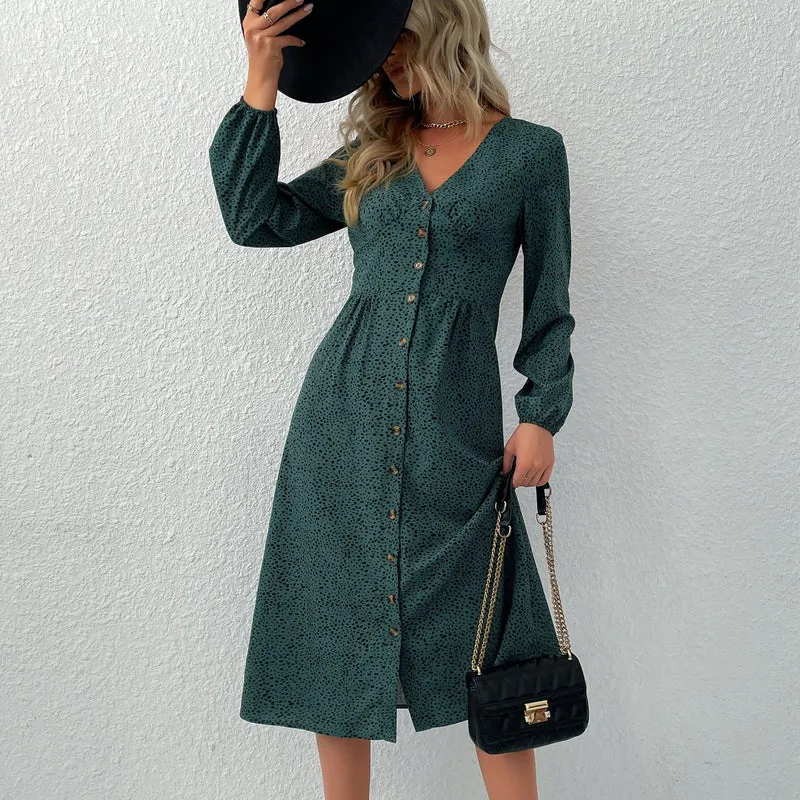 Damen V‑Ausschnitt Midikleid mit Knopfleiste, taillierter Schnitt und Ballonärmeln Nord Taschen