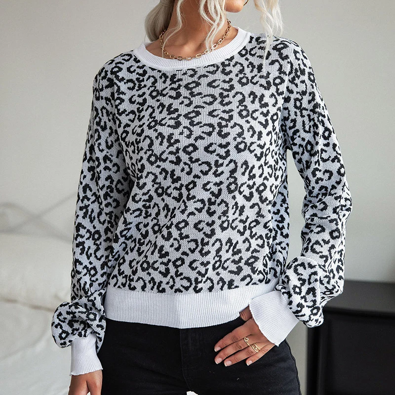 Damen Leichter Strukturstrick-Pullover mit Leoparden-Jacquard und geripptem Rundhalsausschnitt Nord Taschen