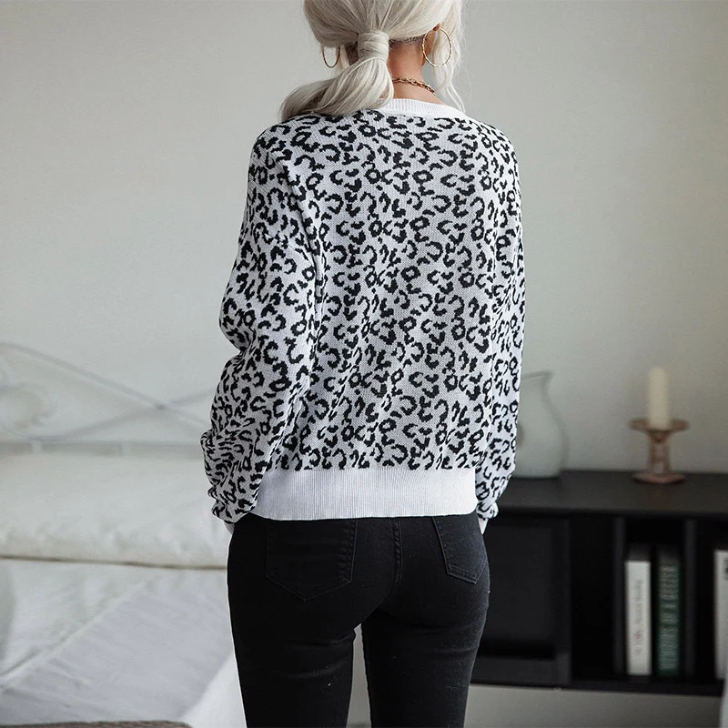 Damen Leichter Strukturstrick-Pullover mit Leoparden-Jacquard und geripptem Rundhalsausschnitt Nord Taschen