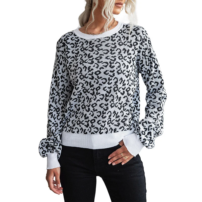 Damen Leichter Strukturstrick-Pullover mit Leoparden-Jacquard und geripptem Rundhalsausschnitt Nord Taschen