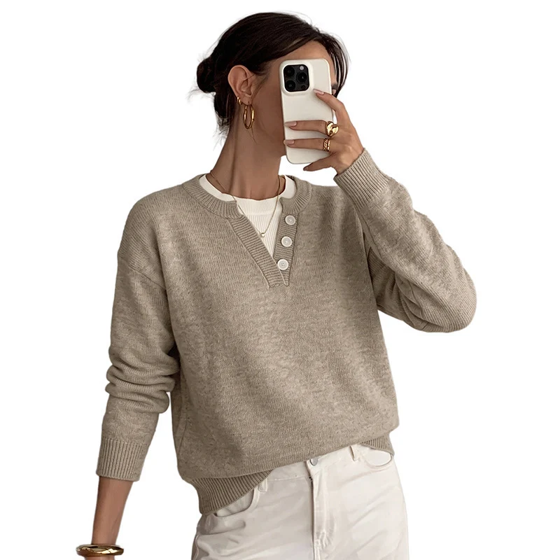 Damen Leichter Henley-Strickpullover mit Knopfleiste, gerippten Bündchen und relaxed Fit Nord Taschen
