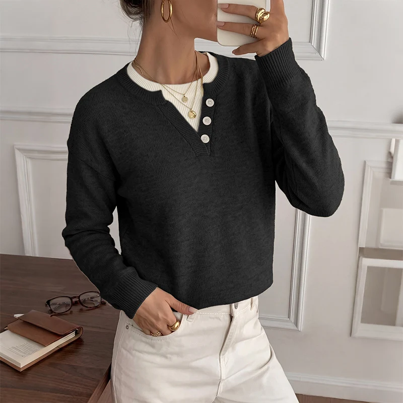 Damen Leichter Henley-Strickpullover mit Knopfleiste, gerippten Bündchen und relaxed Fit Nord Taschen