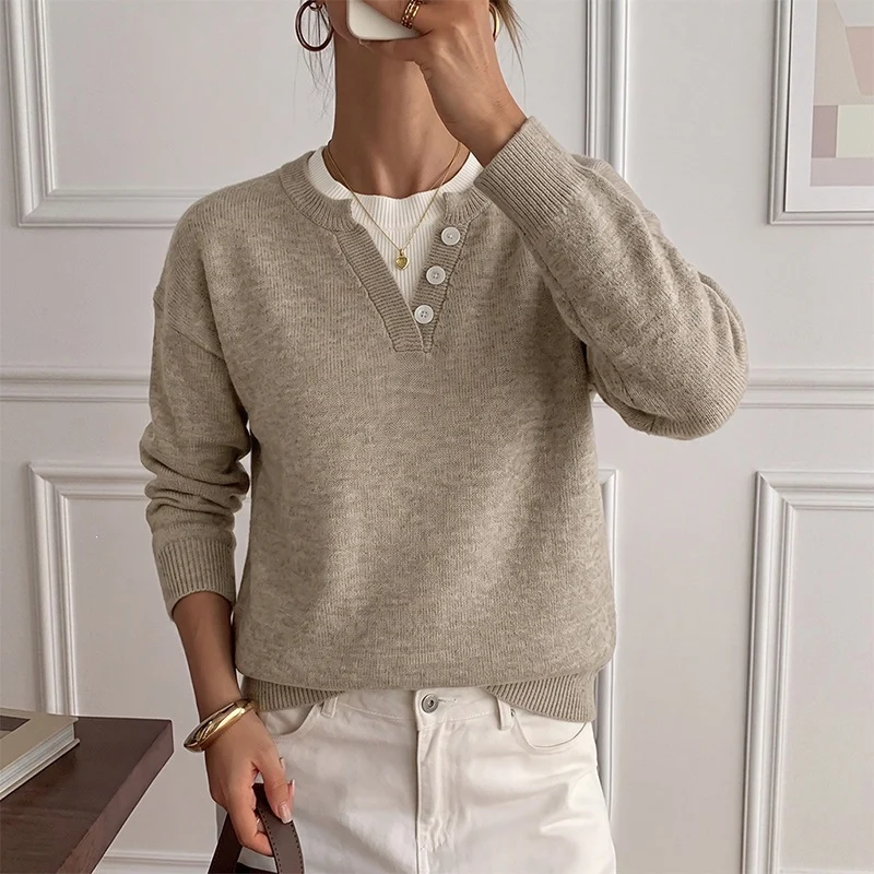 Damen Leichter Henley-Strickpullover mit Knopfleiste, gerippten Bündchen und relaxed Fit Nord Taschen
