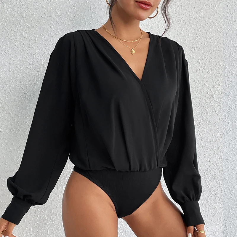 Damen Leichte Wickelbluse mit V-Ausschnitt, gerafften Schultern & Ballonärmeln Nord Taschen