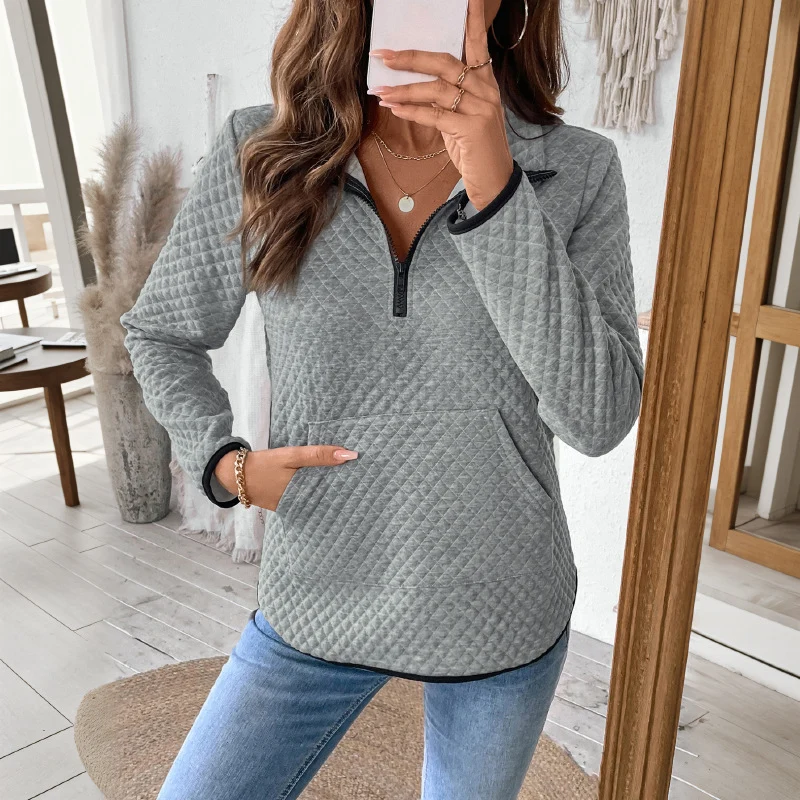 Damen Stepp-Sweatshirt mit halbem Reißverschluss, Stehkragen und Kängurutasche Nord Taschen