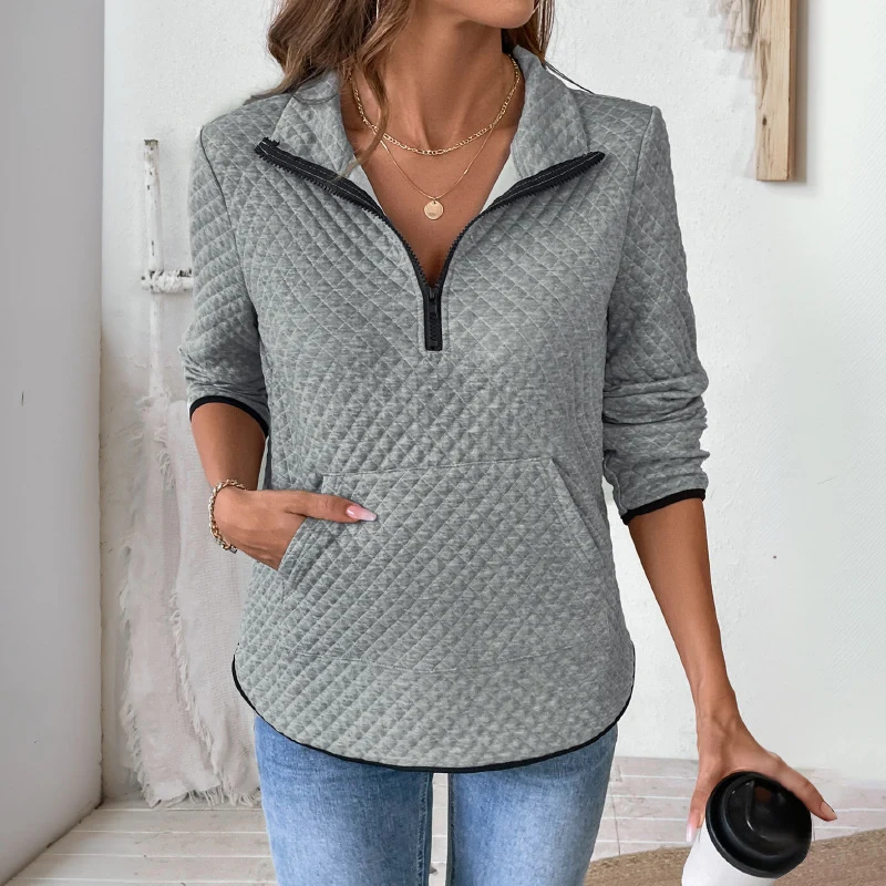 Damen Stepp-Sweatshirt mit halbem Reißverschluss, Stehkragen und Kängurutasche Nord Taschen