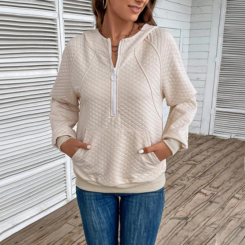 Damen Stepp-Hoodie mit halbem Reißverschluss, Kängurutasche und gesteppter Struktur Nord Taschen
