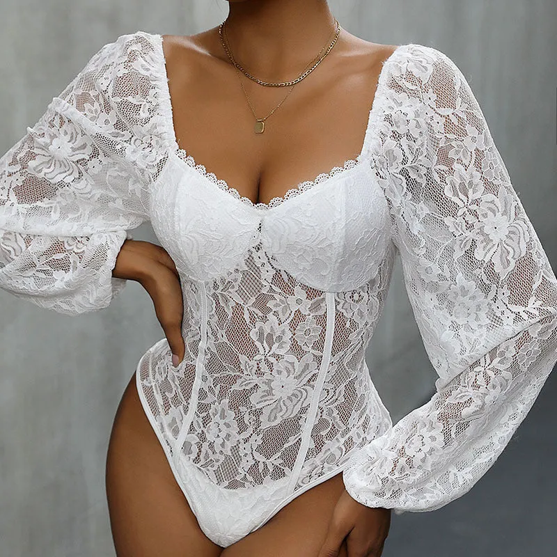 Damen Spitzen-Corsage mit Herzausschnitt, integrierten Cups und transparenten Puffärmeln Nord Taschen