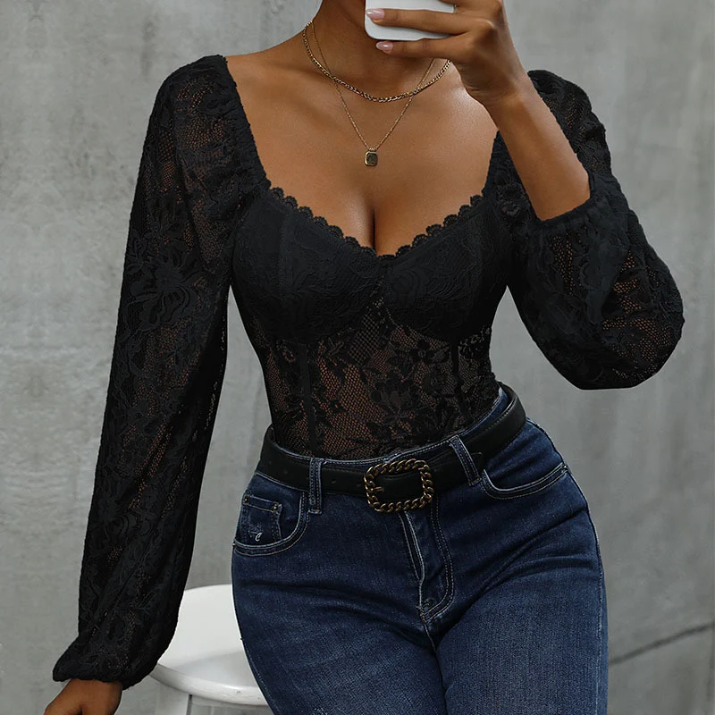 Damen Spitzen-Corsage mit Herzausschnitt, integrierten Cups und transparenten Puffärmeln Nord Taschen