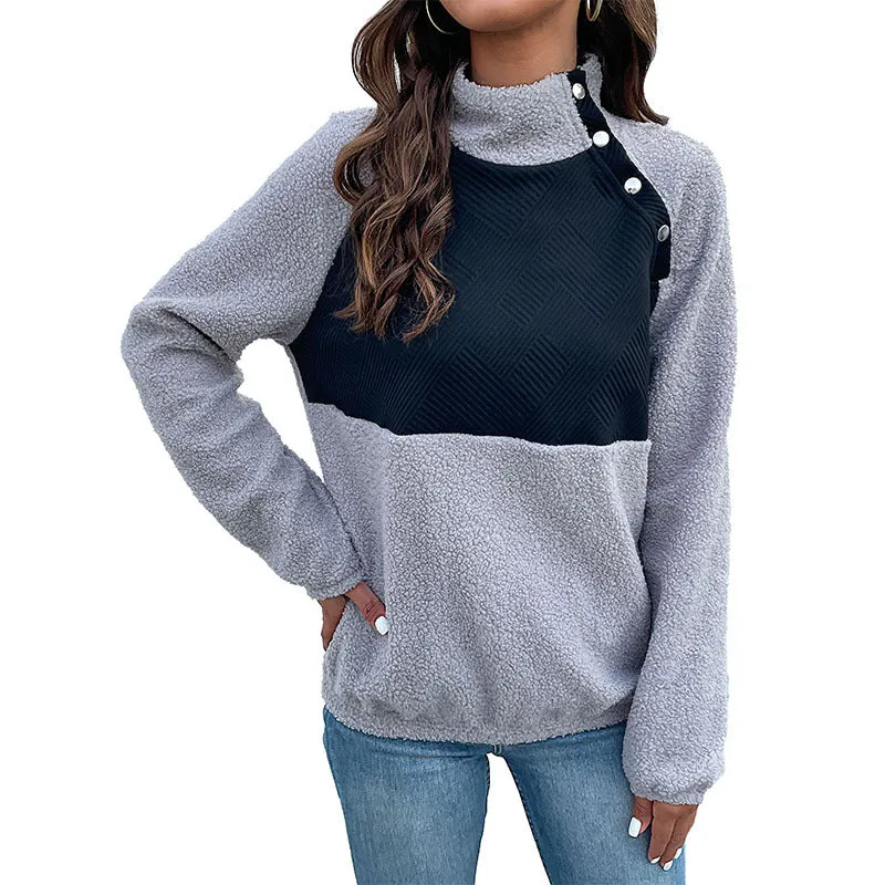 Damen Kuscheliger Teddy‑Fleece‑Pullover mit gesteppter Brustpatte, Stehkragen und Druckknopfleiste Nord Taschen