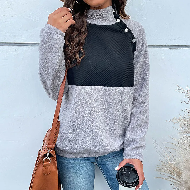 Damen Kuscheliger Teddy‑Fleece‑Pullover mit gesteppter Brustpatte, Stehkragen und Druckknopfleiste Nord Taschen