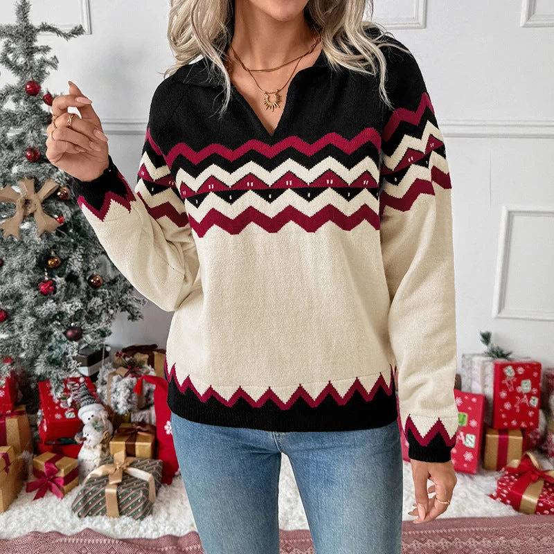 Damen Kuscheliger V‑Ausschnitt Strickpullover mit Zickzack‑Jacquard und Kapuzenkragen Nord Taschen