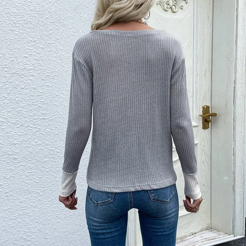 Damen Langärmeliges Colorblock-Shirt mit Leoprint, Rippärmeln und Brusttasche Nord Taschen