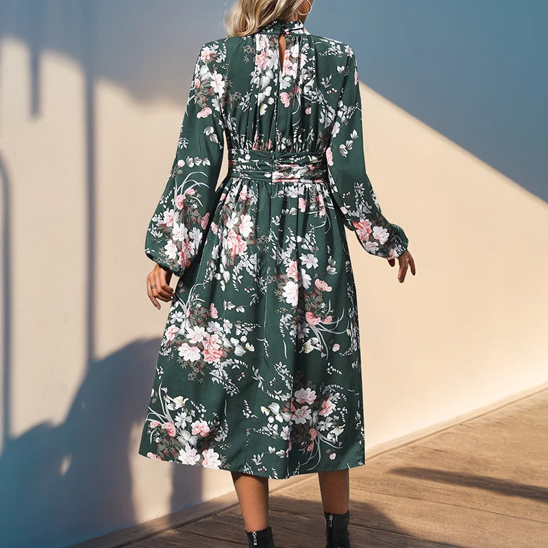 Damen Midikleid mit floralem Alloverprint, Stehkragen und Drapiertem Taillengürtel Nord Taschen