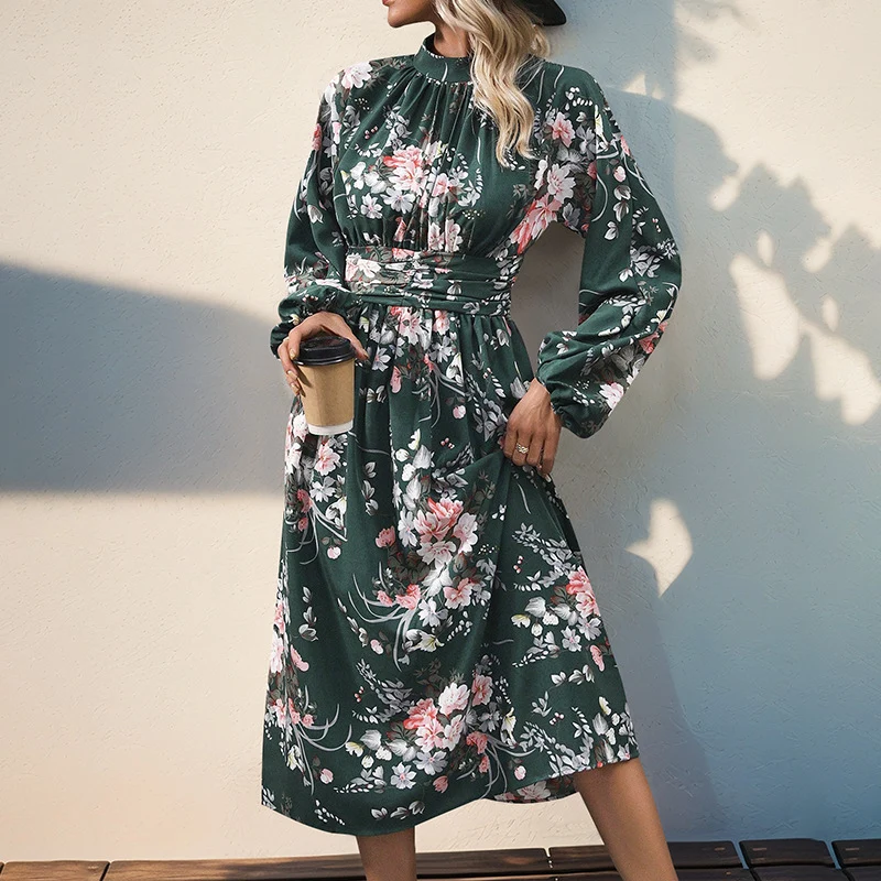 Damen Midikleid mit floralem Alloverprint, Stehkragen und Drapiertem Taillengürtel Nord Taschen
