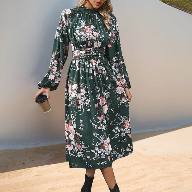Damen Midikleid mit floralem Alloverprint, Stehkragen und Drapiertem Taillengürtel Nord Taschen