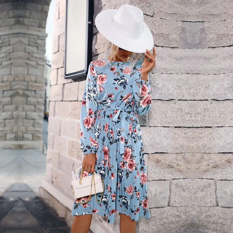 Damen Midikleid mit Blumenprint, plissiertem Rockteil und tailliertem Bindegürtel Nord Taschen
