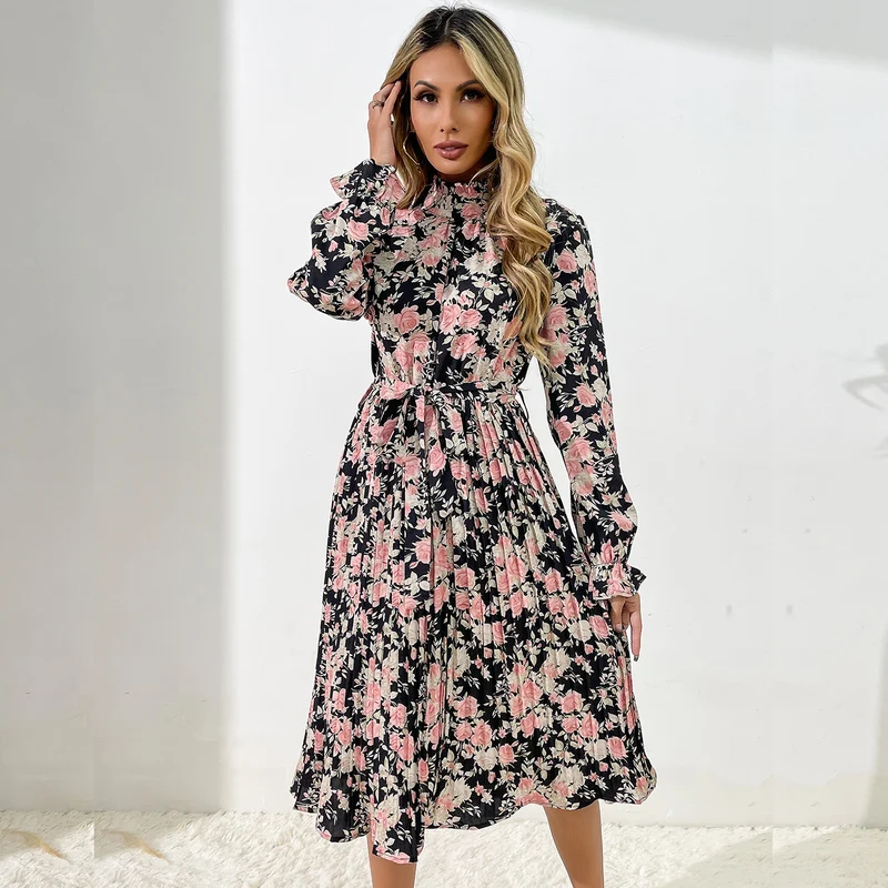 Damen Midikleid mit Blumenprint, Plissée‑Rock, Stehkragen und Bindegürtel Nord Taschen