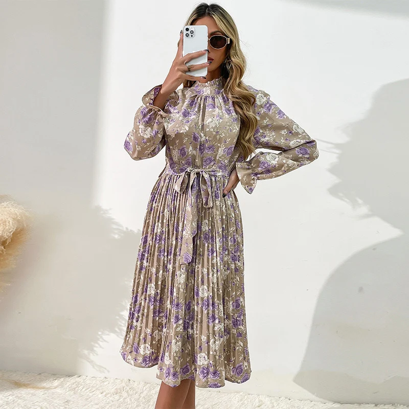Damen Midikleid mit Blumenprint, Plissée‑Rock, Stehkragen und Bindegürtel Nord Taschen