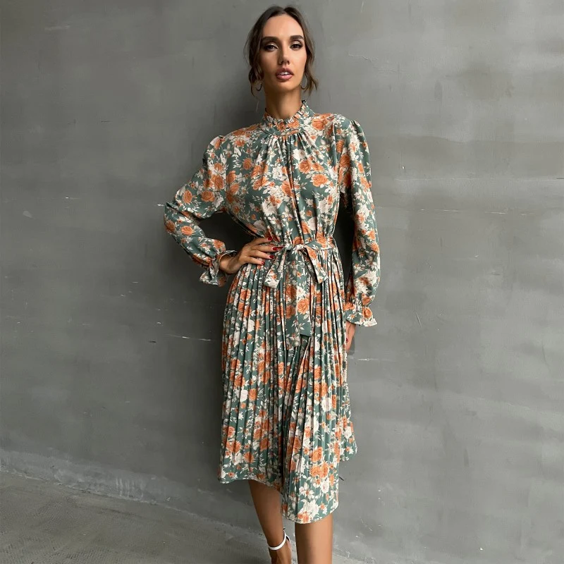 Damen Midikleid mit Blumenprint, Plissée‑Rock, Stehkragen und Bindegürtel Nord Taschen