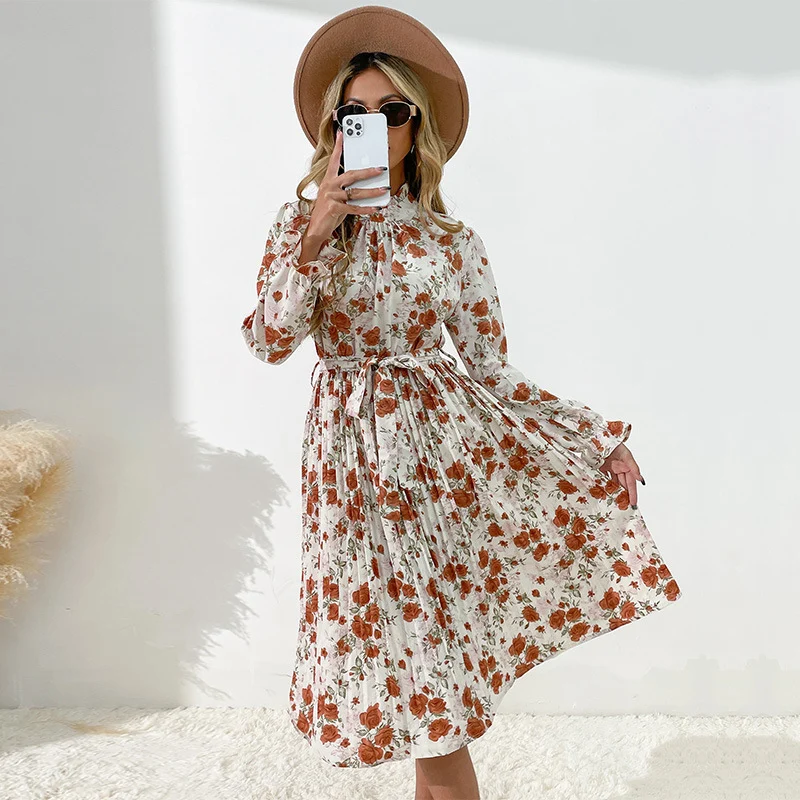 Damen Midikleid mit Blumenprint, Plissée‑Rock, Stehkragen und Bindegürtel Nord Taschen